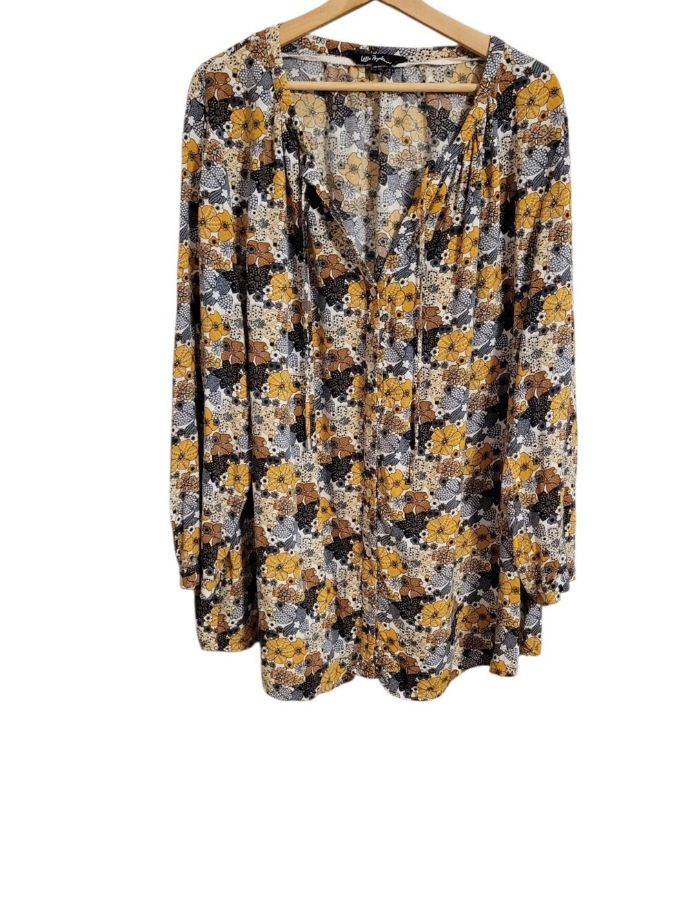 Ulla Popken Floral Boho Long Sleeve Button Up Shirt